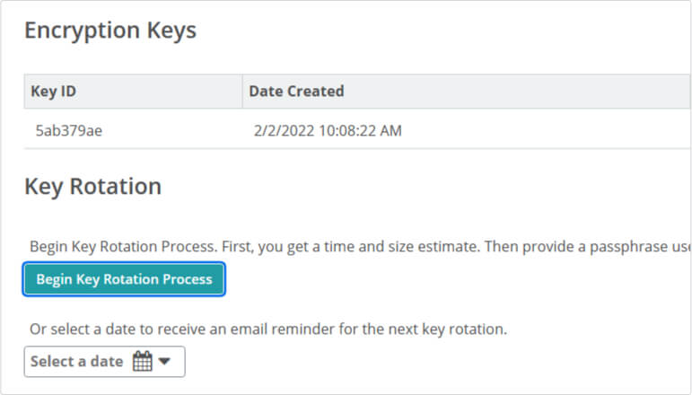 Screenshot of UI in MOVEit Transfer. The screen shows the Organization Profile which includes Encryption Key information such as Key ID, date created, age and a green check indicator for a primary key. Below this section is Key Rotation and there is a highlighted button labeled Begin Key Rotation Process.