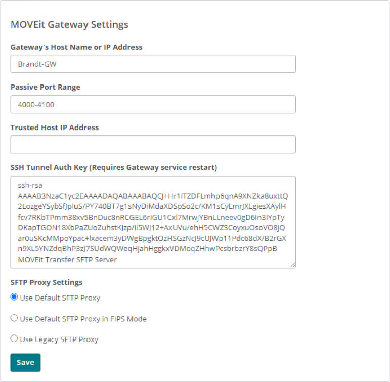 A screenshot of the Settings module within the UI of MOVEit Gateway. The settings section titled SFTP Proxy Setting is highlighted with a border image to call attention to the three radio buttons, Use Default SFTP Proxy, Use Default SFTP Proxy in FIPS Mode and Use Legacy SFTP Proxy. In this screenshot the selection is displayed as Default SFTP Proxy and under the last radio button is a selection box labeled with a CTA of “Save.”