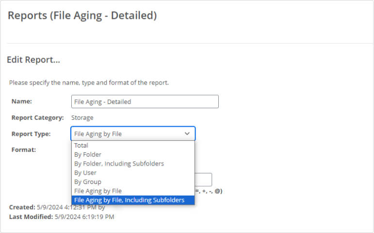 Screenshot of the Reports section within MOVEit Transfer. The screenshot displays an Edit Report sub header, then lists that admins can specify the name and report type through two different drop-down menus. The Report Type drop-down menu is open with File Aging by File selected.