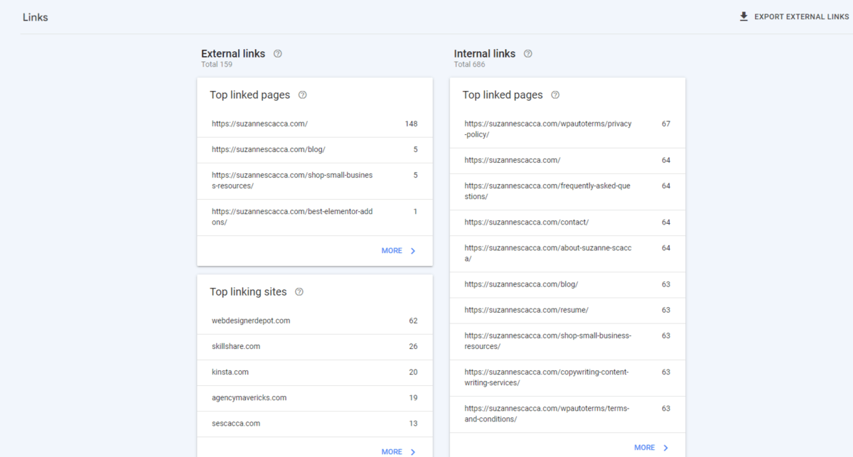 In Google Search Console, users can review their internal and external links from the Links tab.