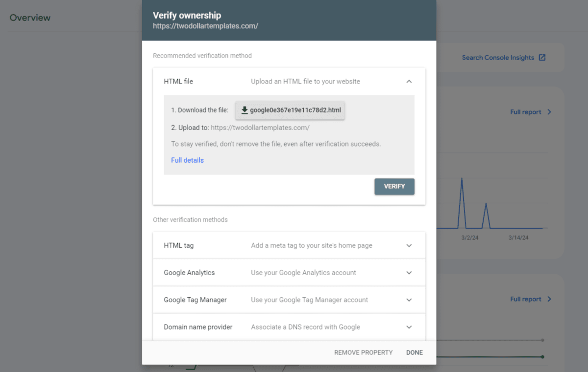 In order to track Google search data related to your website, you must verify ownership. Google will provide you with various methods, like uploading an HTML file, to do this.